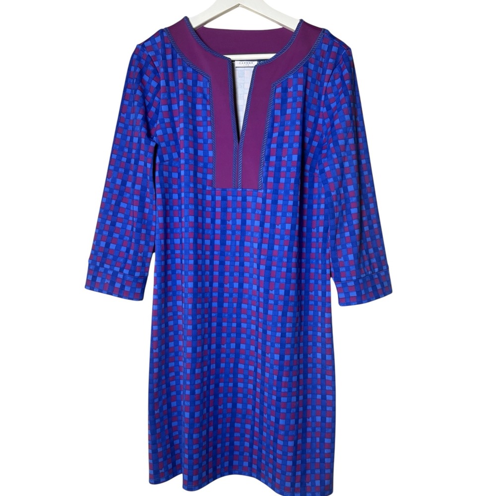 CABANA‎ LIFE Blue Purple Check UPF 50+ 3/4 Sleeve Tunic Dress Size Medium